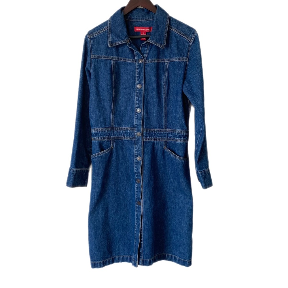 VINTAGE Denim Dress OR Coat Jacket Snap Button Pockets Sz S